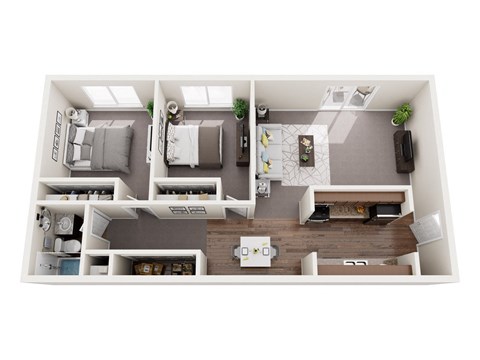 A top-down view of a small apartment with two bedrooms, a living room, and a kitchen.